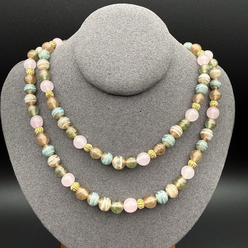 Vintage Art Glass Beaded Necklace Pastel Pink Green Textured Gold Tone Spacers